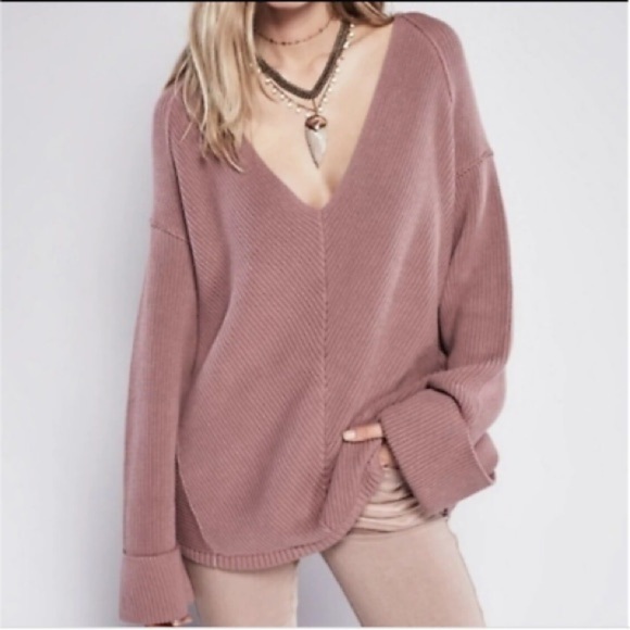 Free People Sweaters - Free People Small La Brea Mauve Dusty Rose Boho Oversized V-neck Sweater